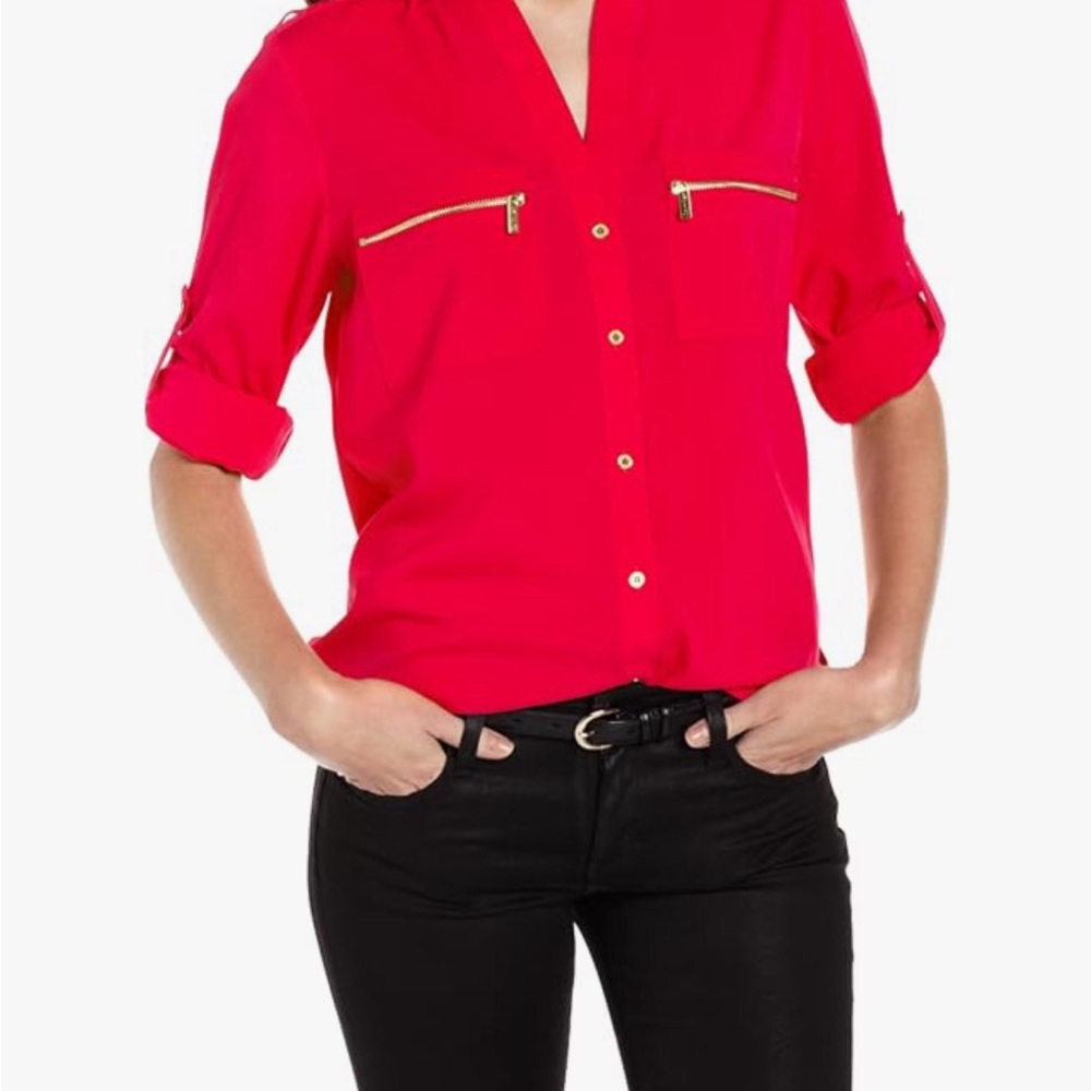 Calvin Klein Red Roll Tab Long Sleeve Button Down Blouse Mandarin Collar Large
